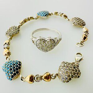Vintage 925 Sterling Silver Crystal & Turquoise Pavé Clustered Heart Bracelet an